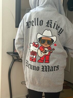 Hello Kitty x Bruno Mars Gray Hoodie with Red, White, Black Graphics Large